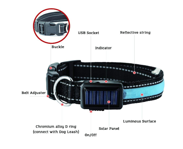 USB AND SOLAR CHARGE REFLECTIVE LED DOG COLLAR