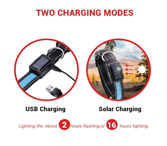 USB AND SOLAR CHARGE REFLECTIVE LED DOG COLLAR